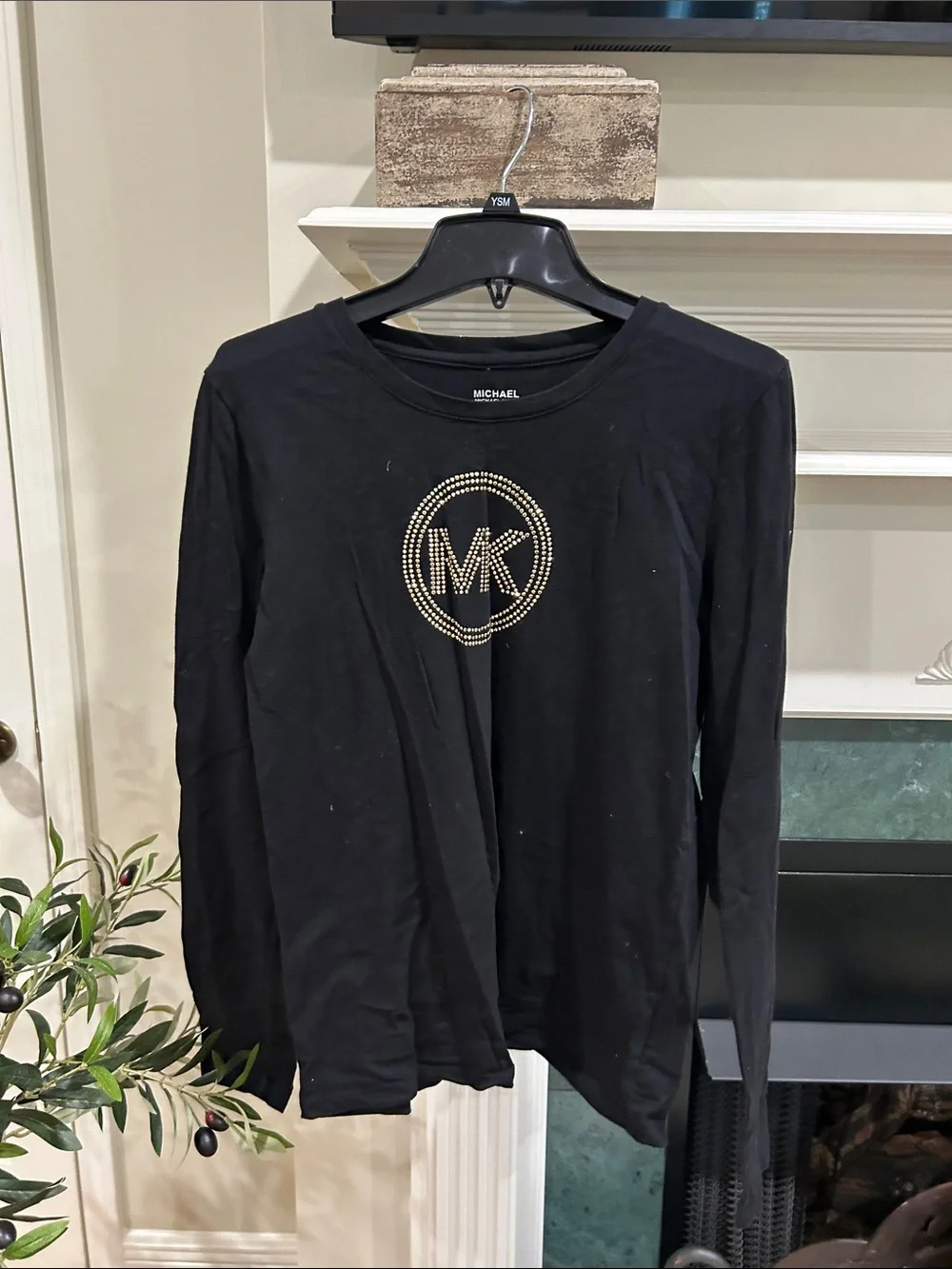 Michael Kors Black Long-Sleeve Tee with Gold MK Stud Logo